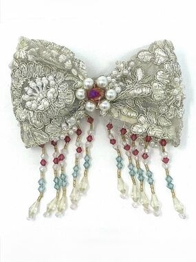 Curried Myrrh Lace Bow Barrette with Embellishments. Brand new!